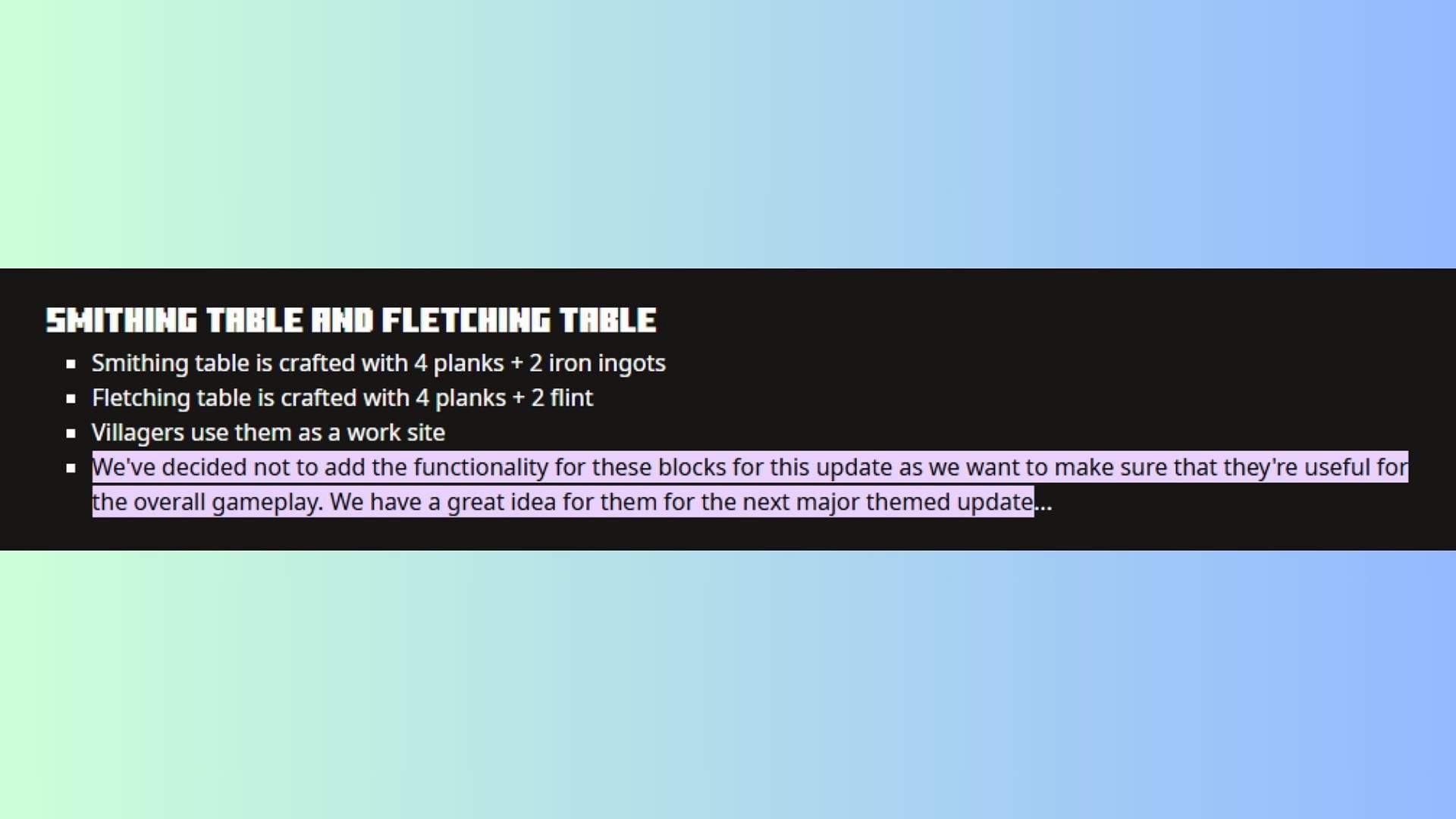 It has been six years since Mojang promised a functional update to the fletching table (Image via Mojang Studios)